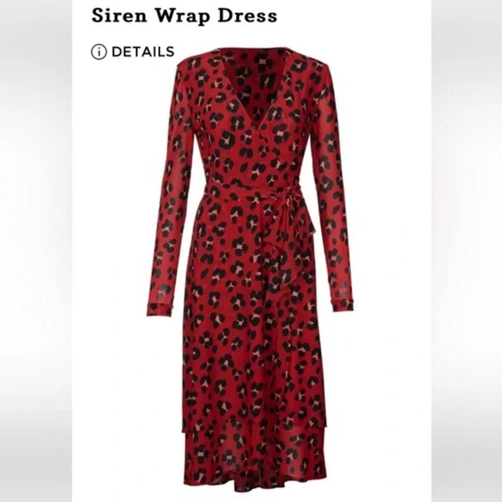 Cabi Siren Red Wrap Dress Animal Print Lined Long Sleeve Red Black Size XS